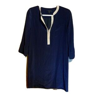 J. Crew Womens Size 2 Blue White Trim Silk Split Neck Tunic Top Blouse